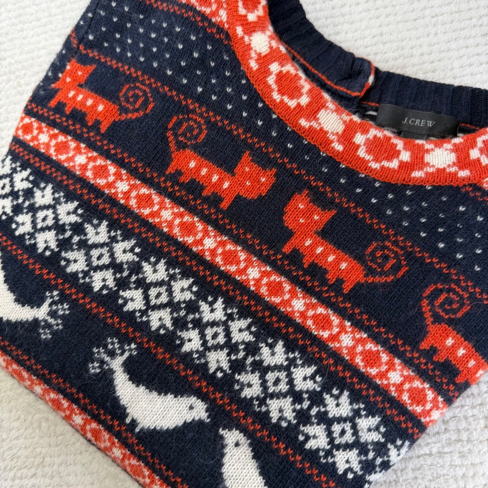 J.Crew Womens Fair Isle Cat Bird Wool Blend Sweater Navy Red White 32865 Size M